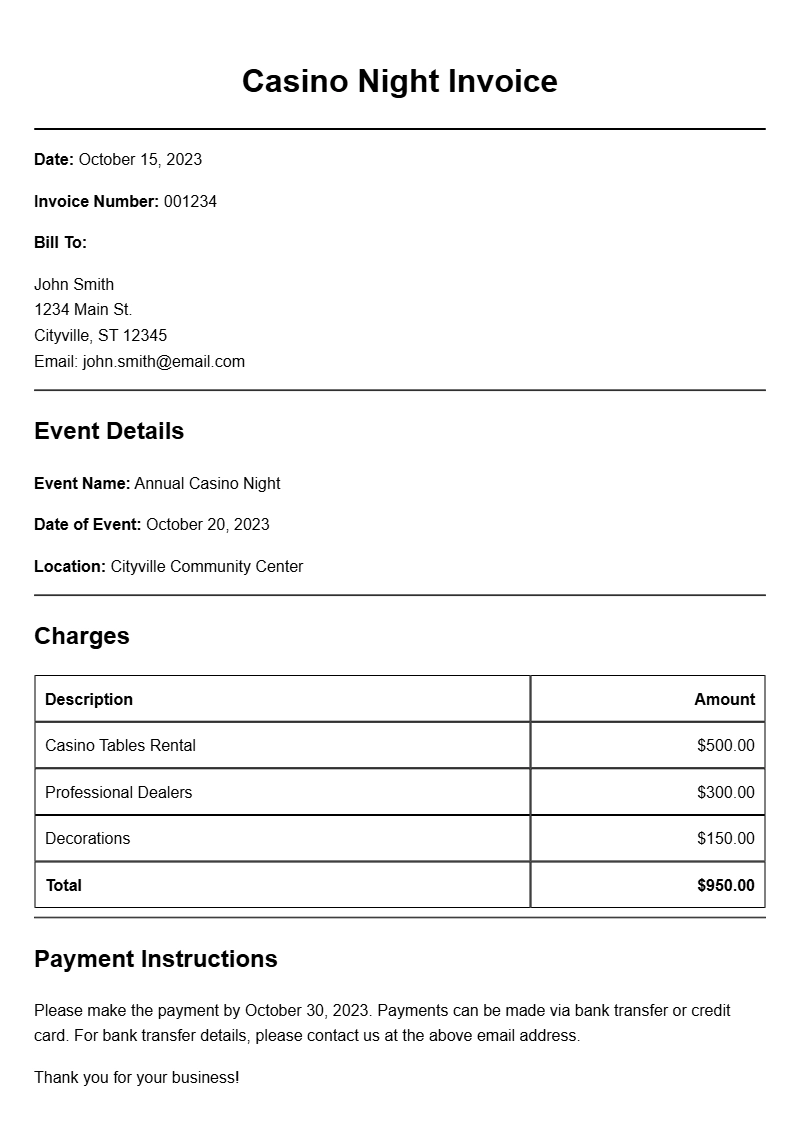 Casino Night Invoice Samples for Your Event Planning Needs