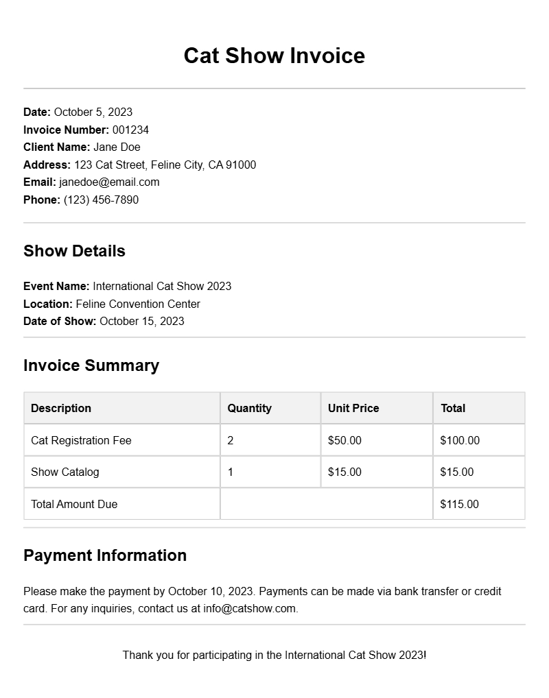 Cat Show Invoice Templates for Efficient Billing