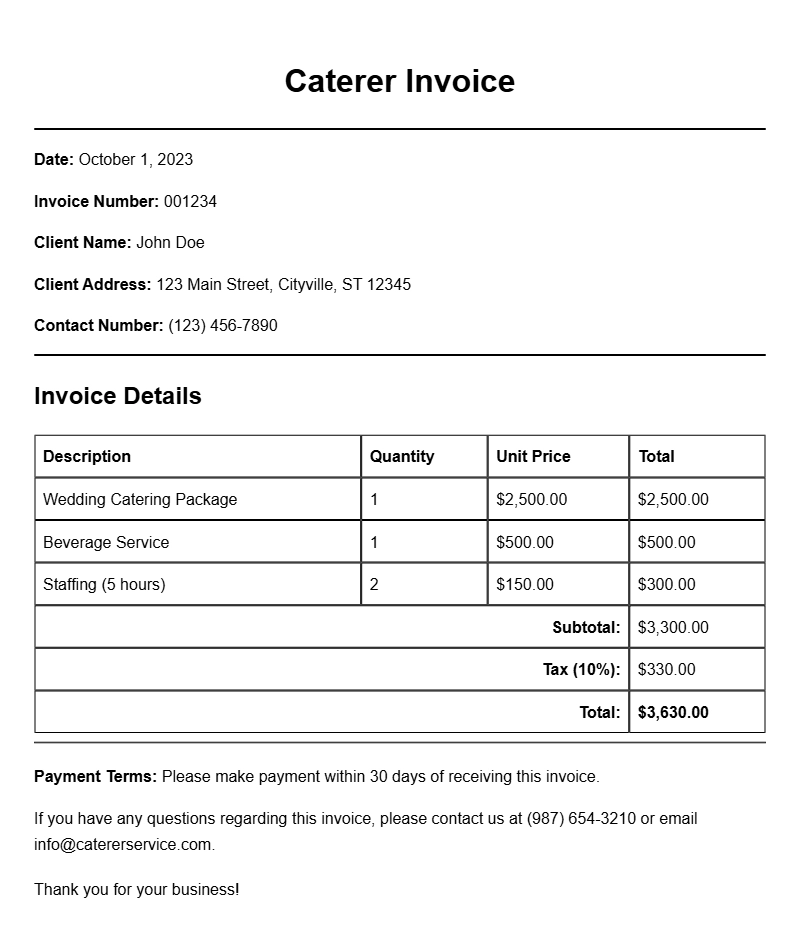 Caterer Invoice Samples for Your Catering Business Needs