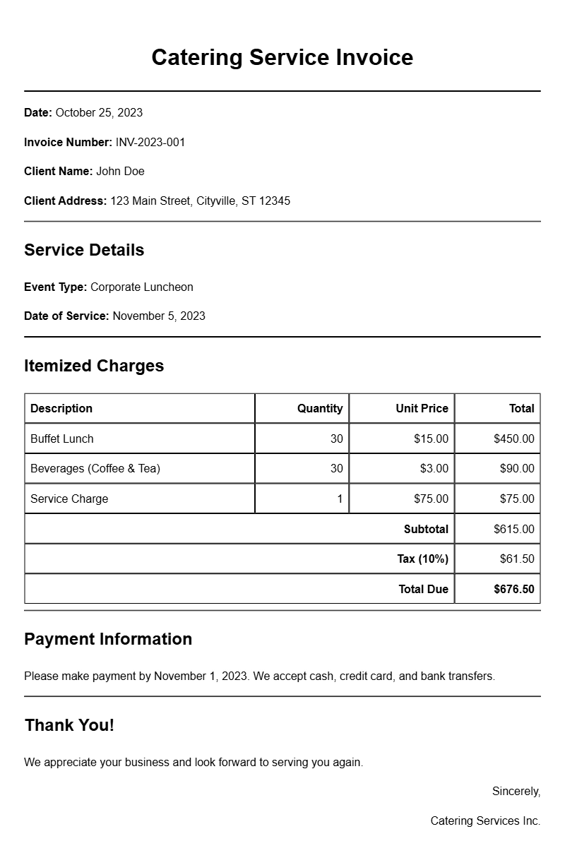Catering Service Invoice Samples for Your Business Needs