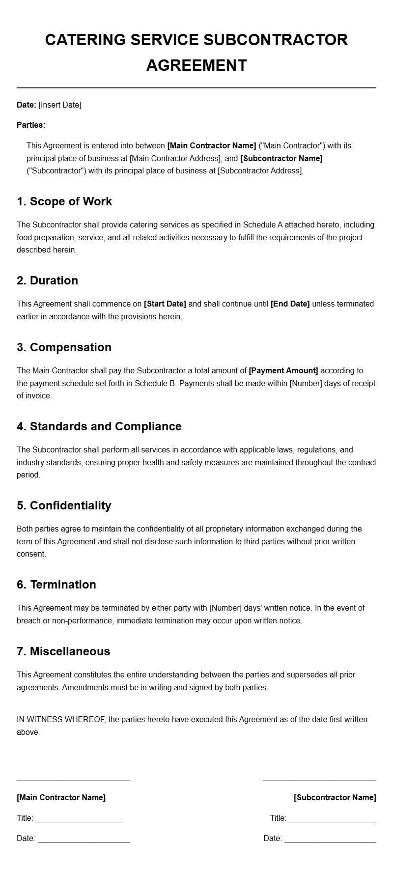 Catering Service Subcontractor Agreement Templates
