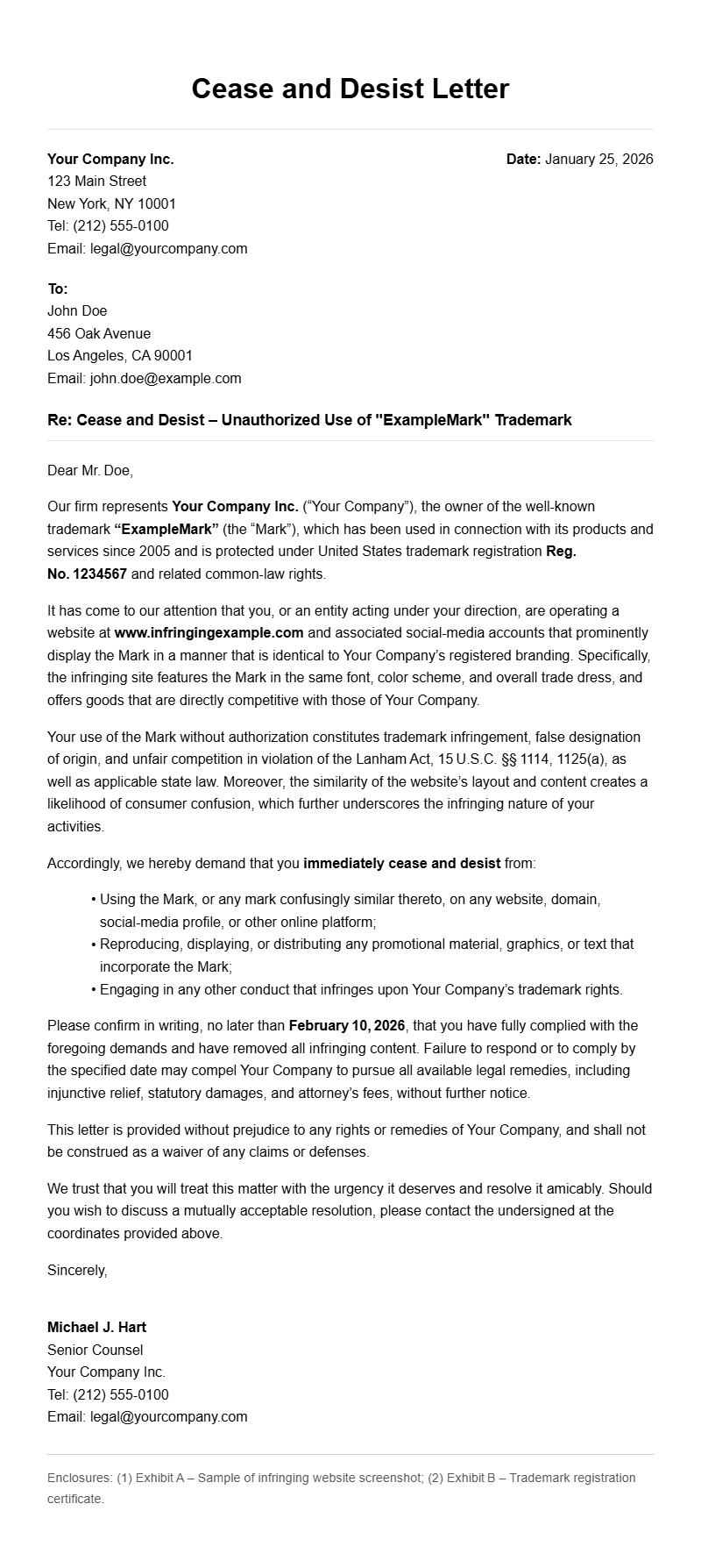 Cease and Desist Letter Samples