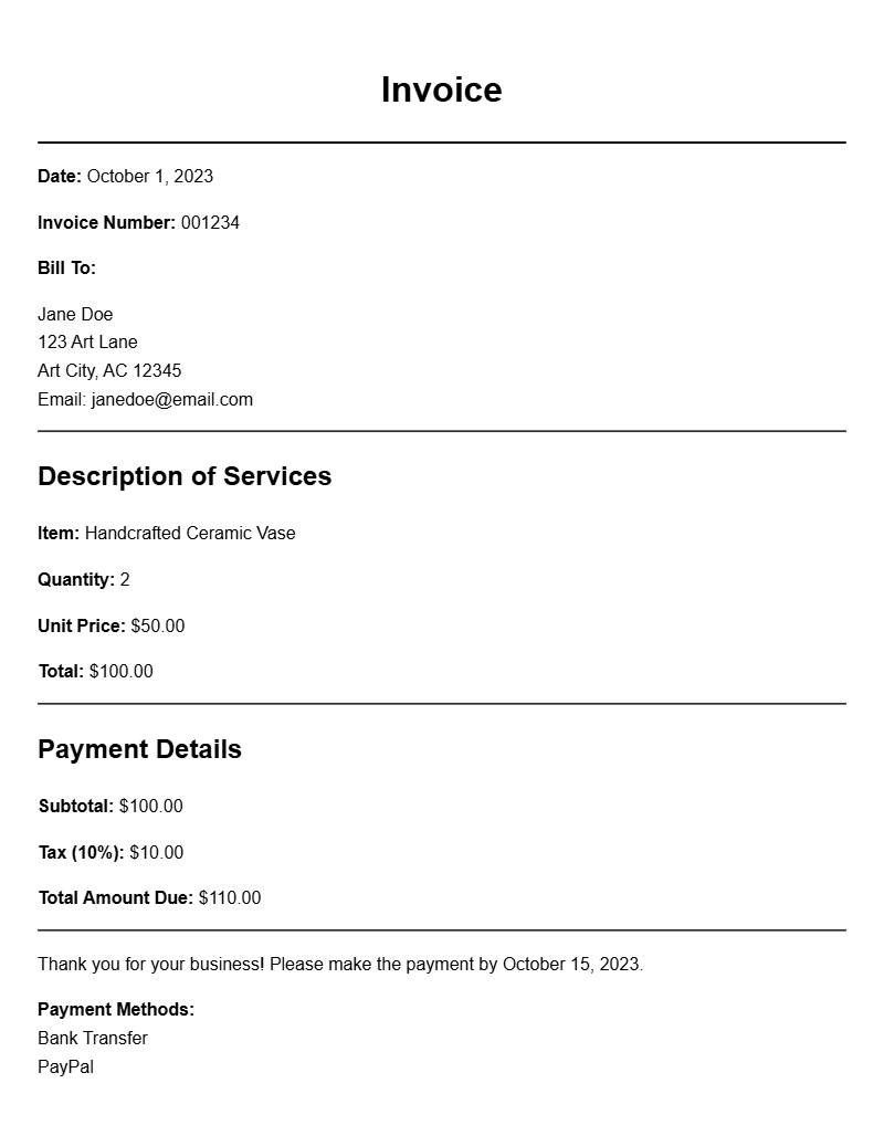 Ceramic Artist Invoice Samples for Your Creative Business