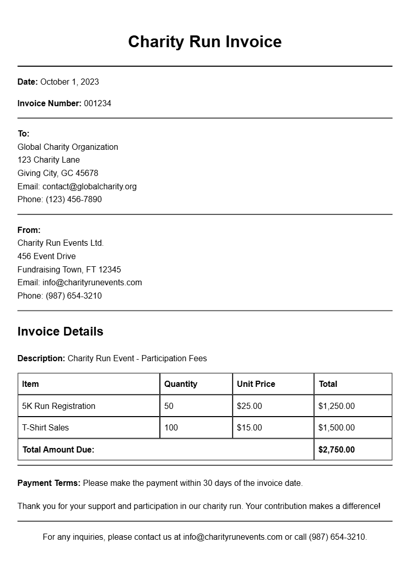 Charity Run Invoice Samples for Nonprofit Events