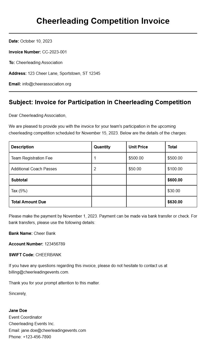 Cheerleading Competition Invoice Samples for Easy Billing