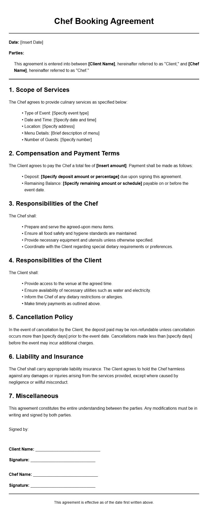 Chef Booking Agreement Templates for Seamless Planning