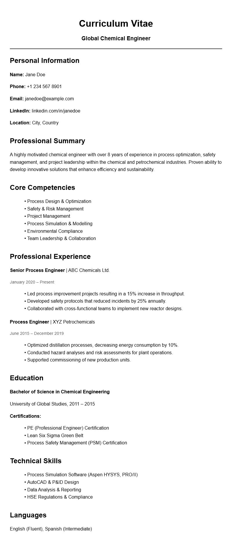Professional Chemical Engineer Resume Templates for Success