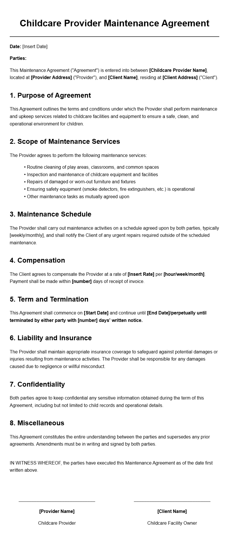 Childcare Provider Maintenance Agreement Templates