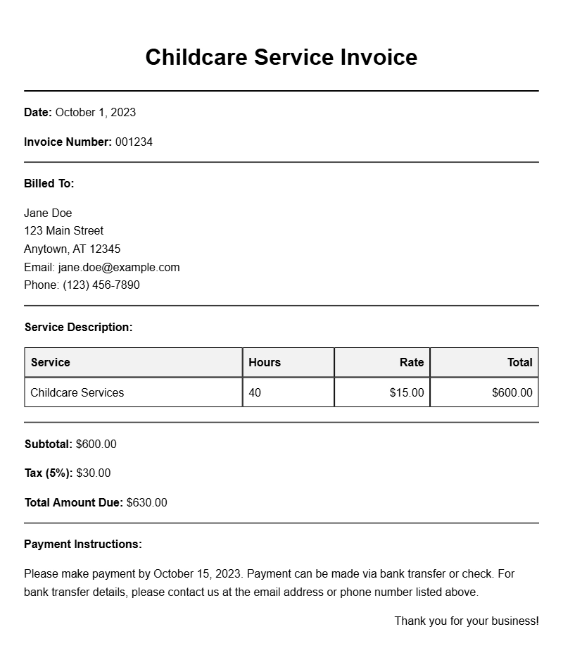 Childcare Service Invoice Samples for Easy Billing