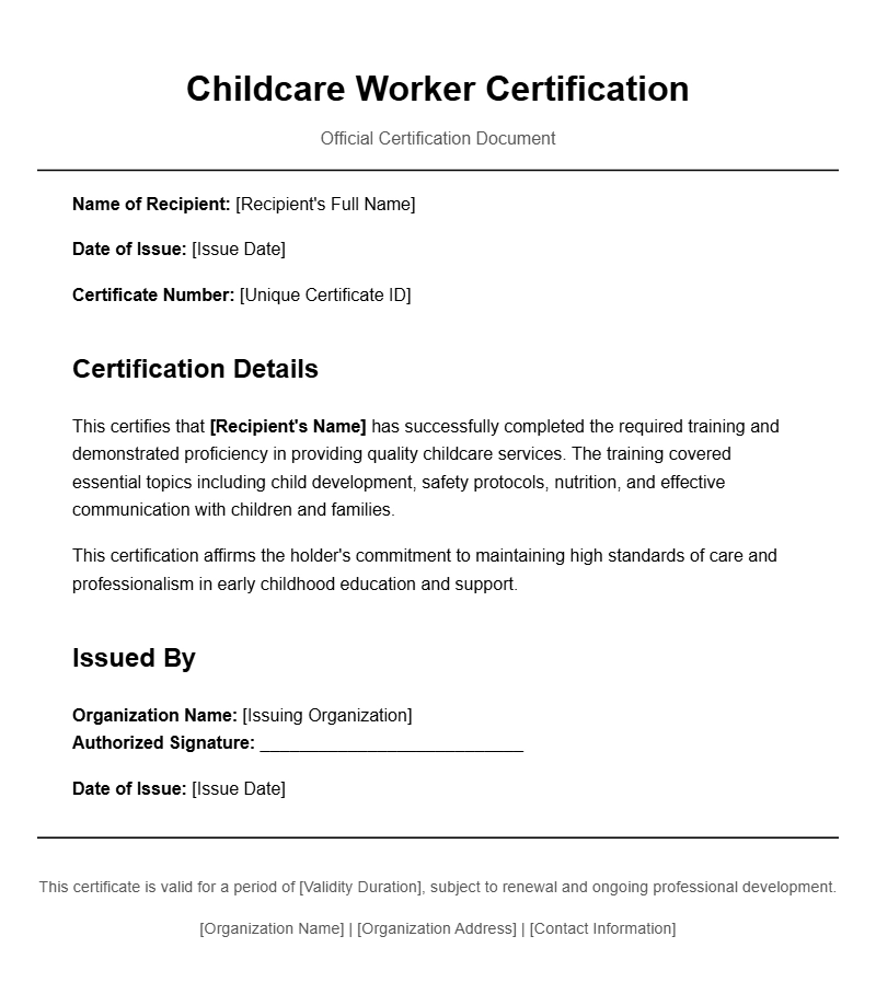 Childcare Worker Certificate Templates for Professional Recognition