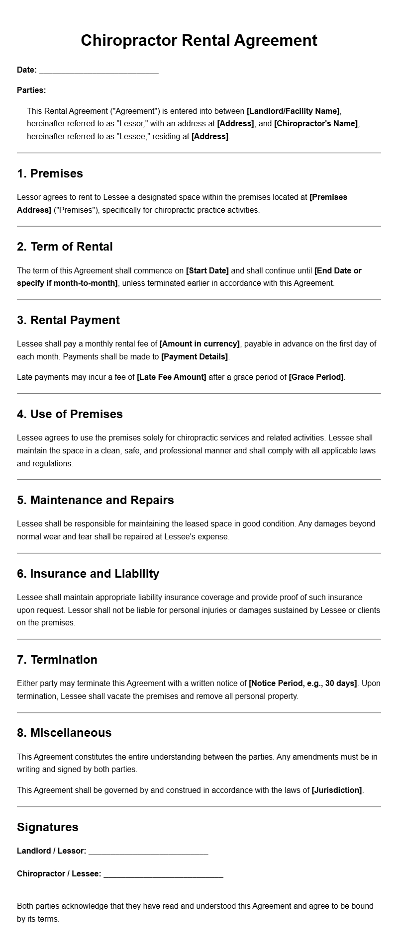 Chiropractor Rental Agreement Templates for Professionals Chiropractor Rental Agreement Templates for Professionals