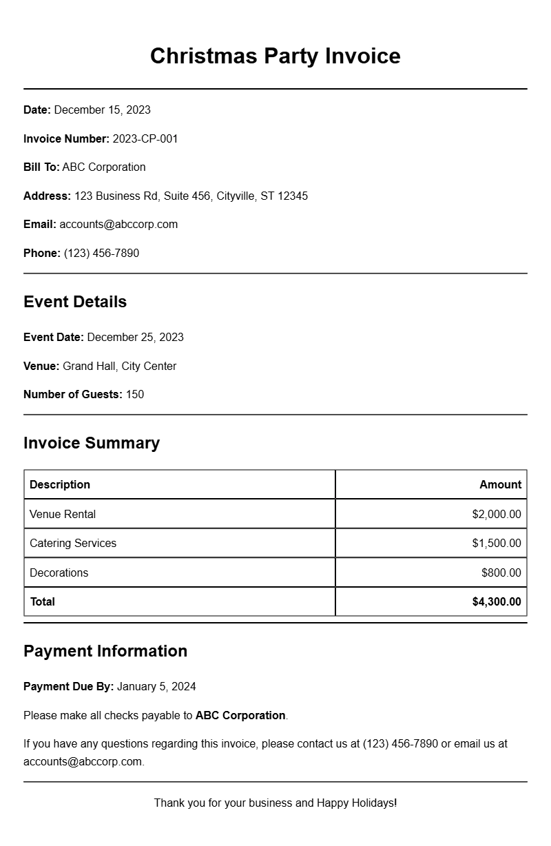 Christmas Party Invoice Samples for Your Business Needs