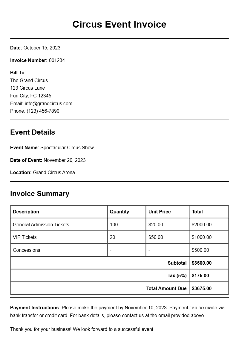 Circus Event Invoice Samples for Your Business Needs