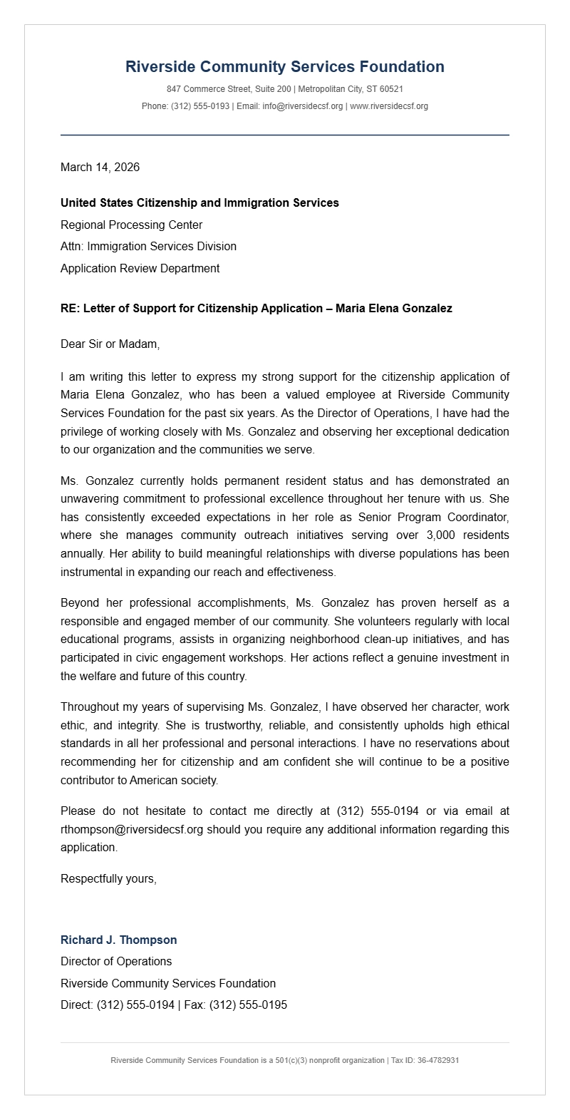 Citizenship Support Letter Samples