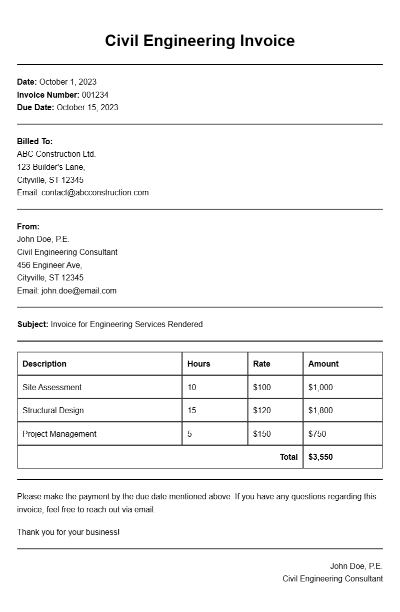 Civil Engineer Invoice Samples for Your Projects