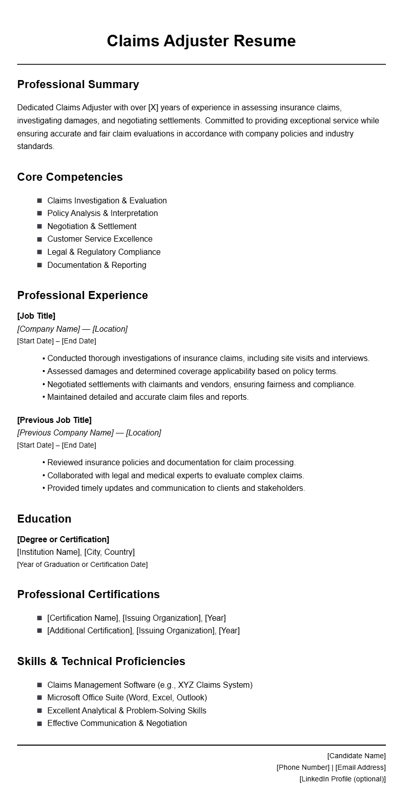 Professional Claims Adjuster Resume Templates for Your Job Search