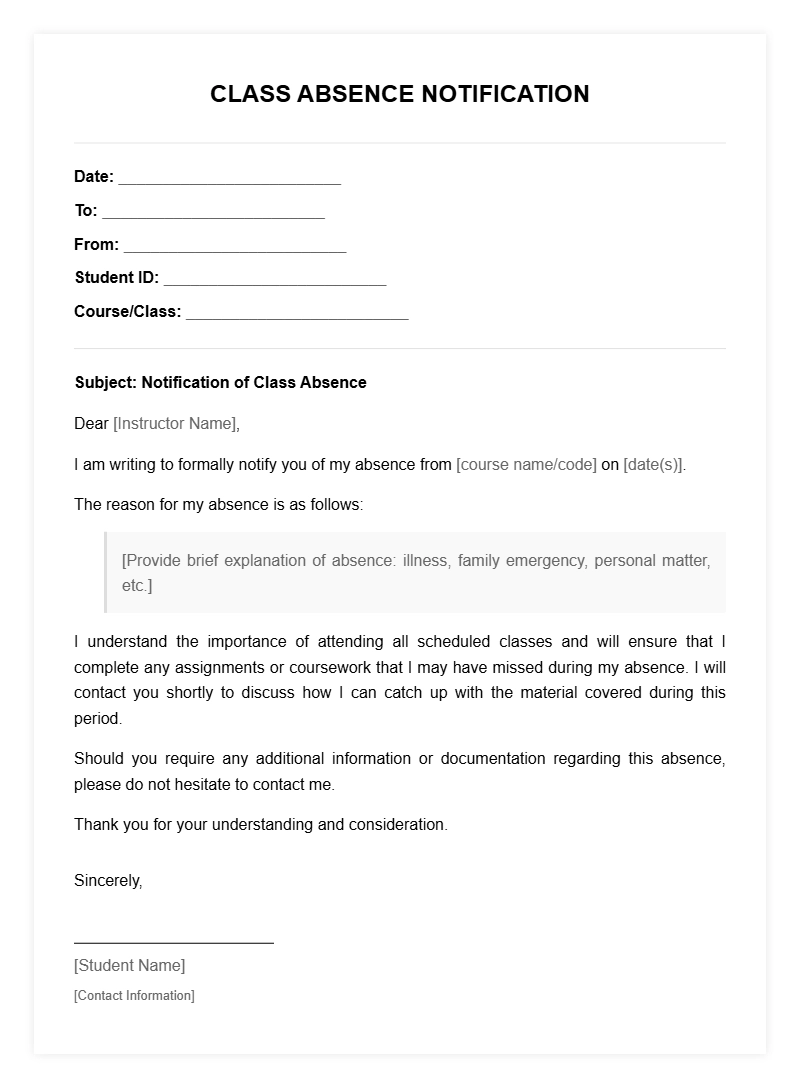 Class Absence Letter Templates