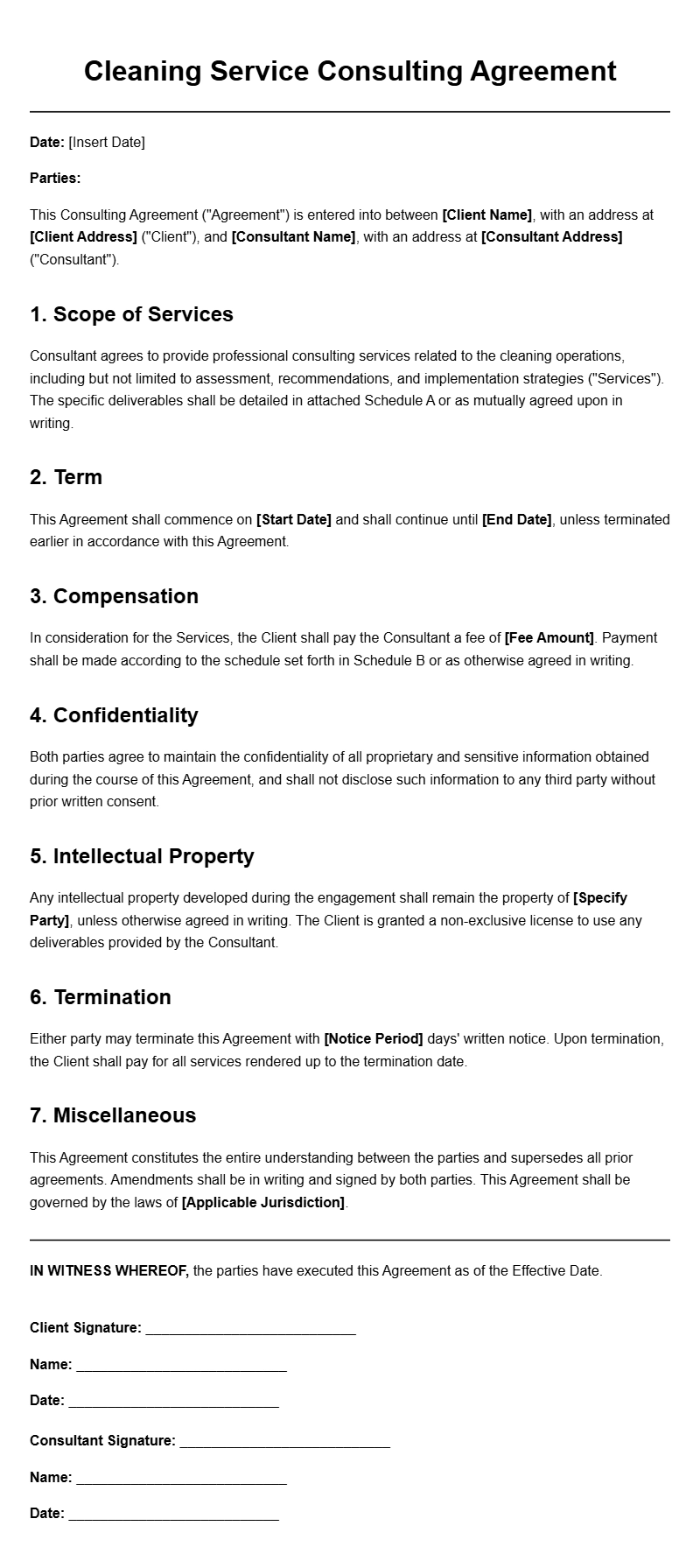 Cleaning Service Consulting Agreement Templates for Your Business