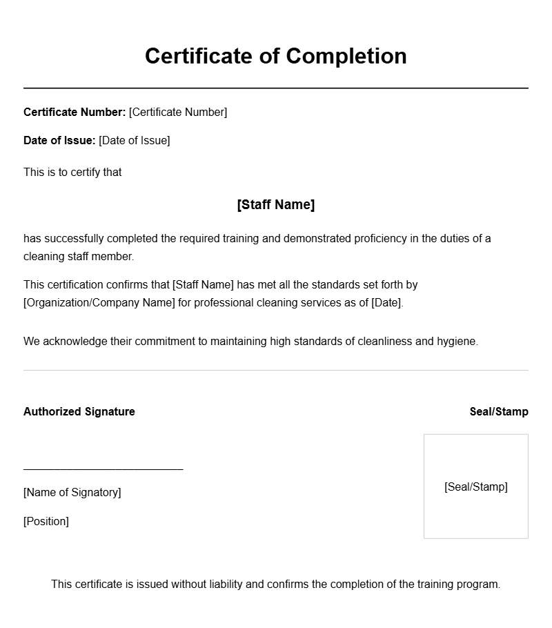 Professional Cleaning Staff Certificate Templates for Certification