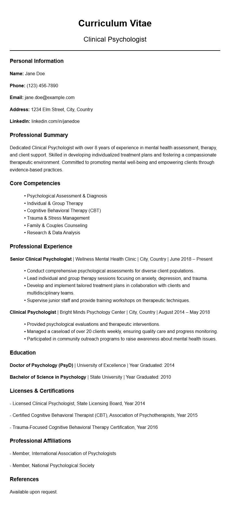 Professional Clinical Psychologist Resume Templates to Stand Out