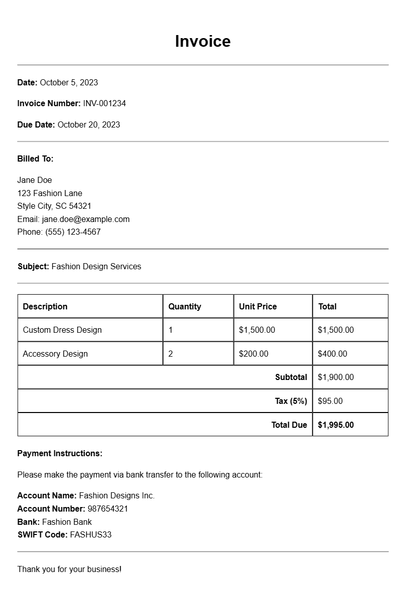 Clothing Designer Invoice Samples for Professional Use