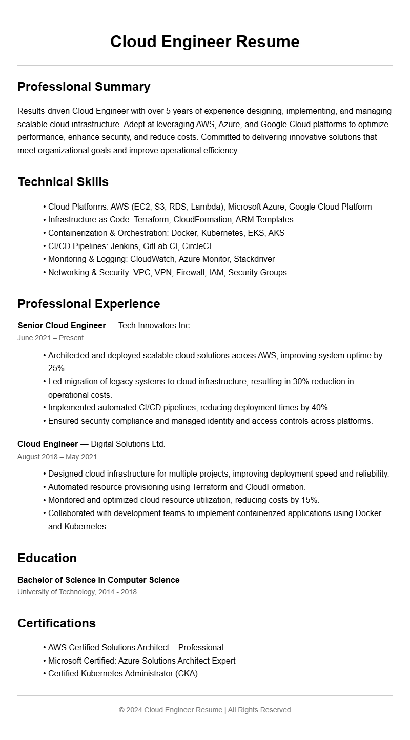 Effective Cloud Engineer Resume Samples to Showcase Your Skills