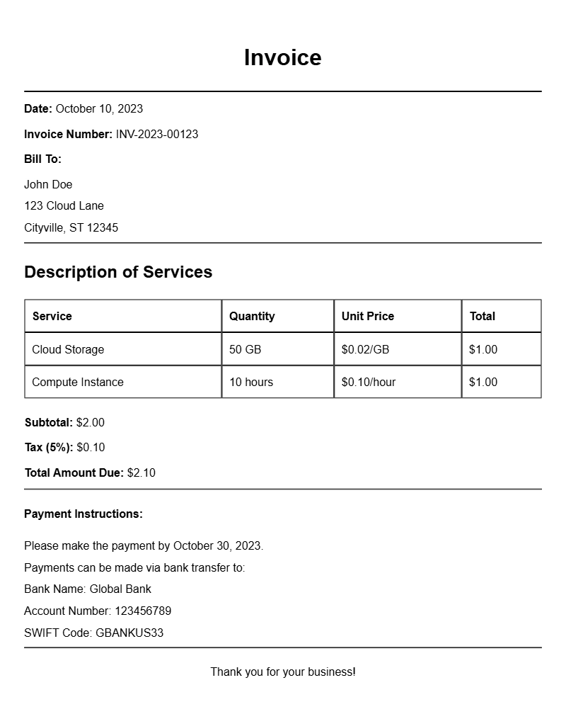 Cloud Service Invoice Samples for Easy Billing Solutions