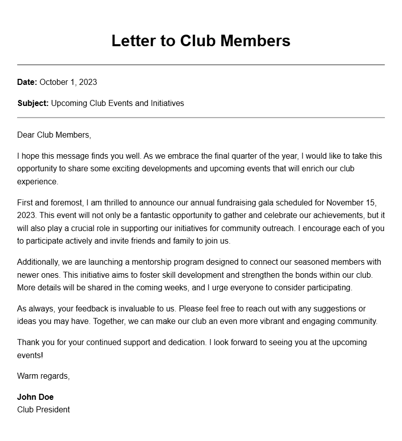 Club President to Member Letter Samples for Effective Communication