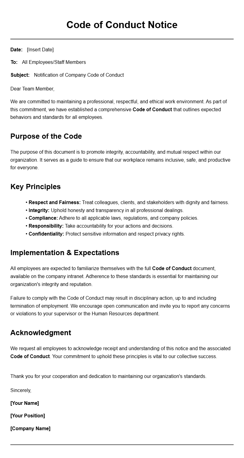 Code of Conduct Notice Letter Templates for Professional Use