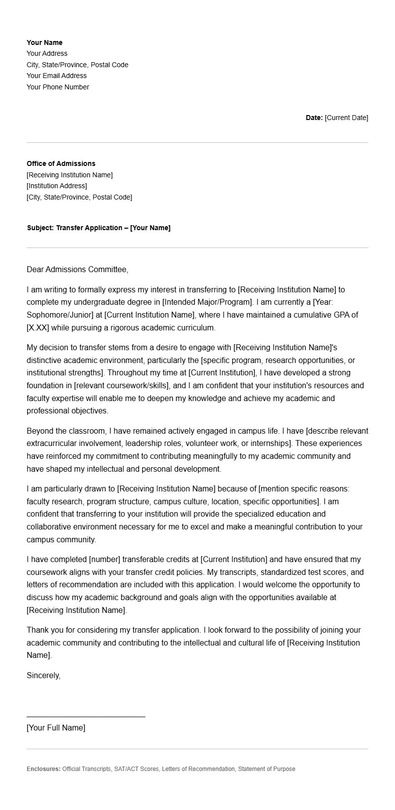 College Transfer Letter Templates