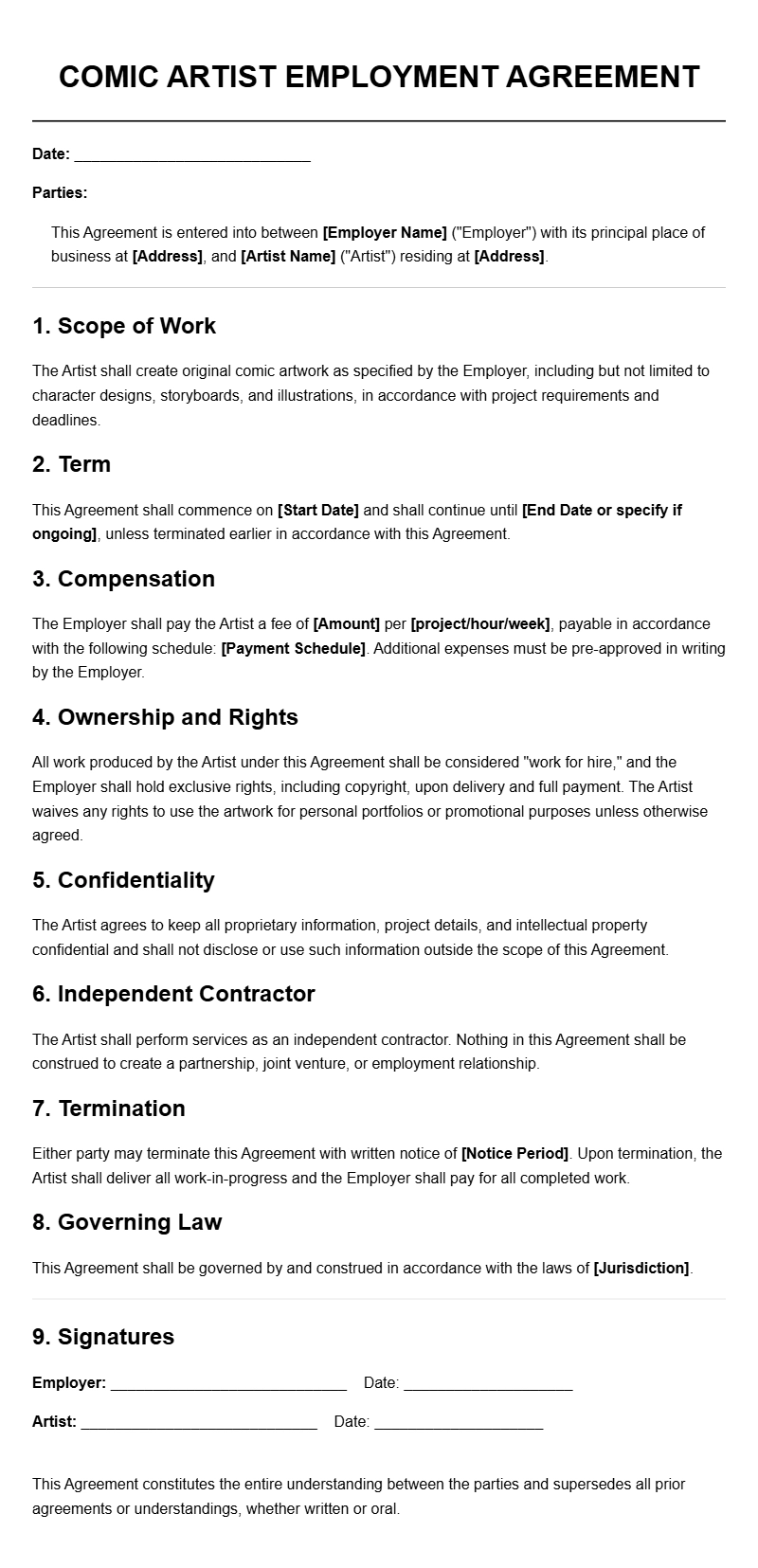 Comic Artist Employment Agreement Templates for Creatives