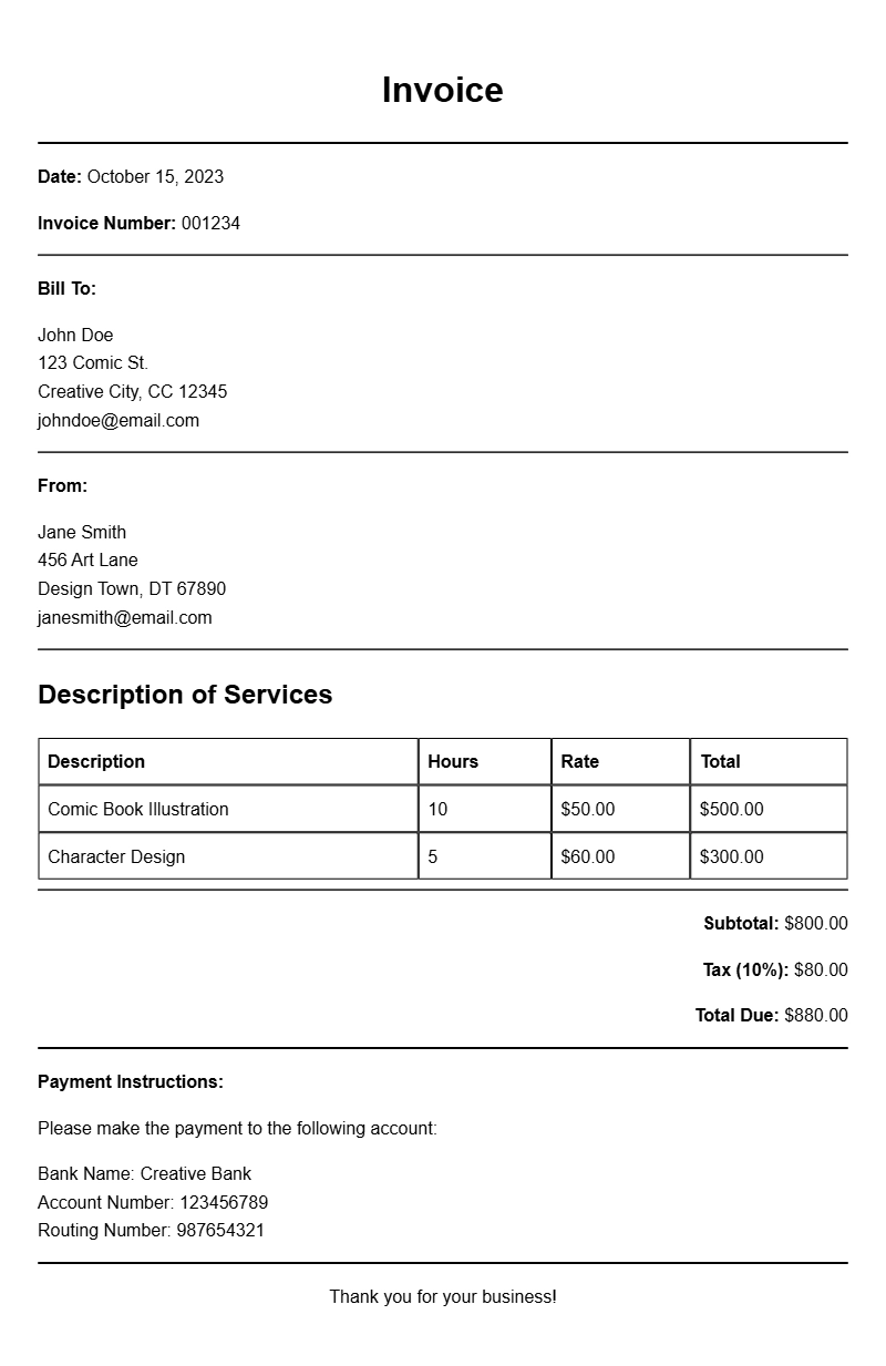 Comic Artist Invoice Samples for Your Creative Business