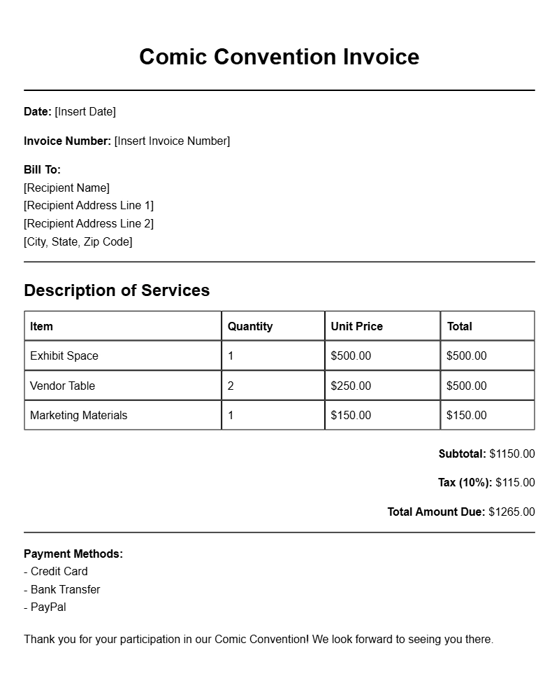Comic Convention Invoice Templates for Easy Event Billing