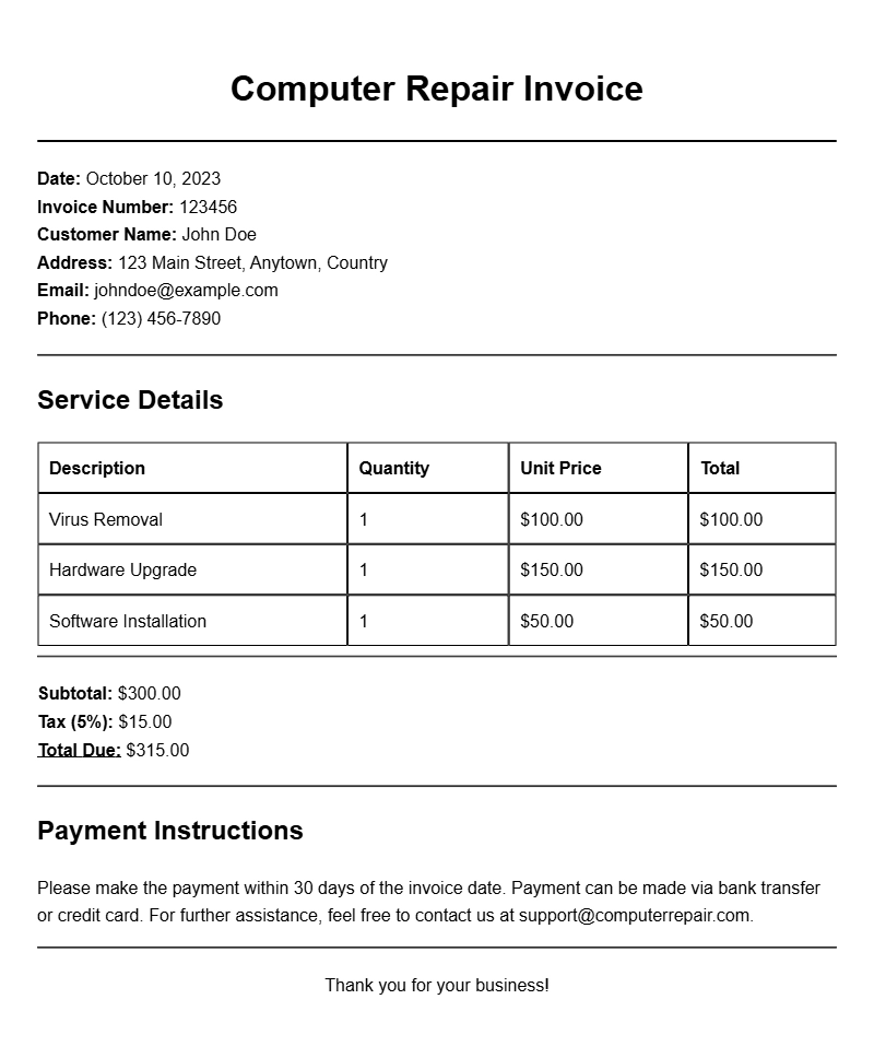 Computer Repair Invoice Samples for Efficient Billing