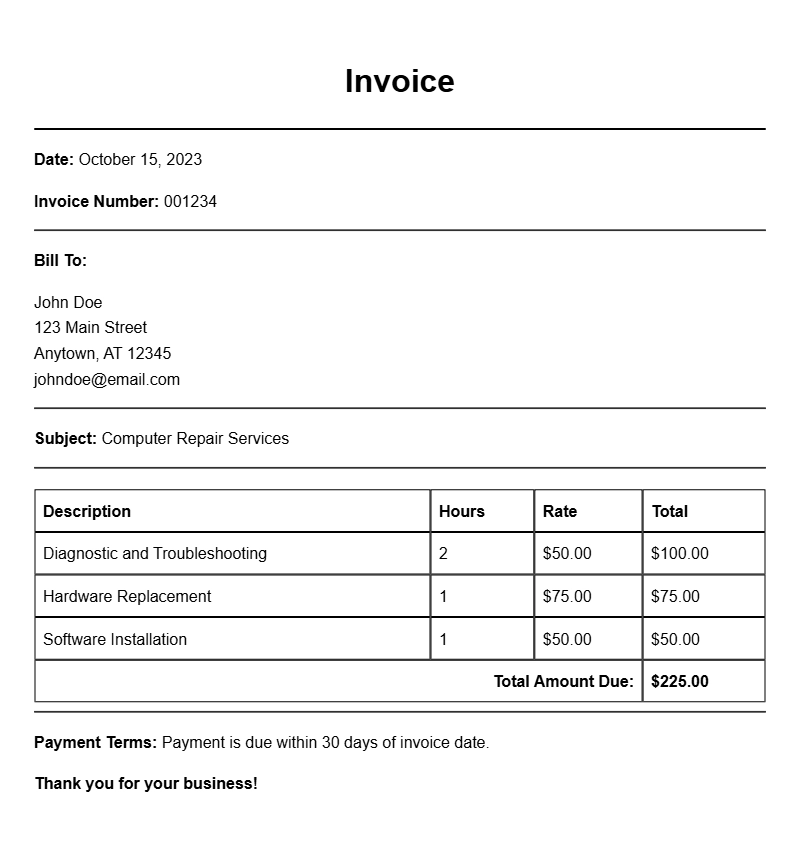 Computer Technician Invoice Samples for Easy Billing