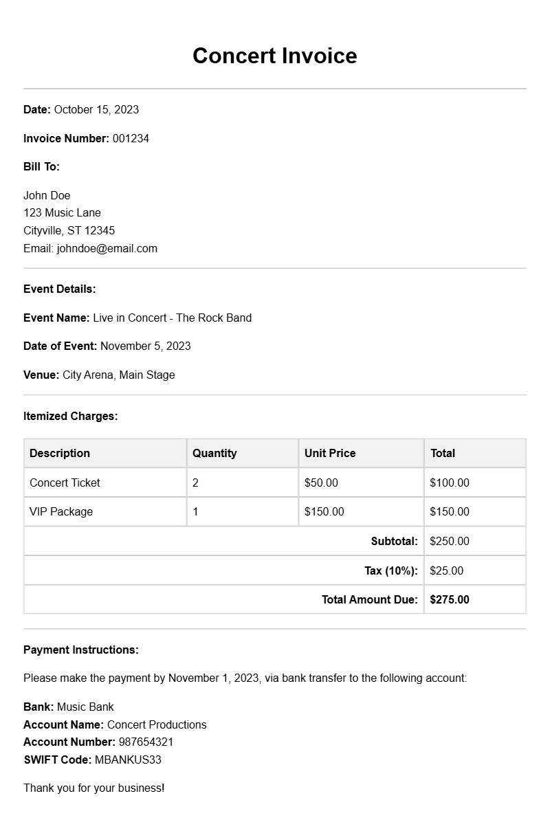 Concert Invoice Samples for Event Planning Professionals