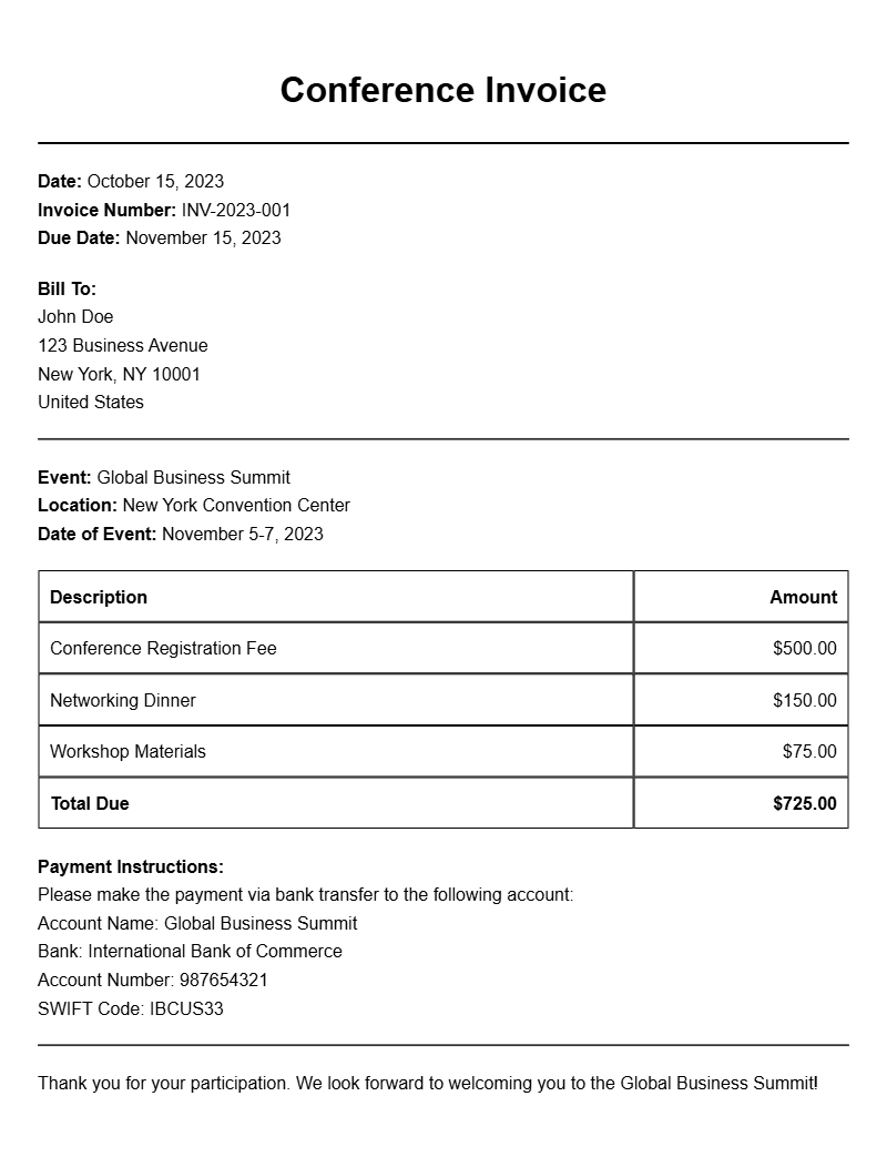 Conference Invoice Samples for Your Business Needs