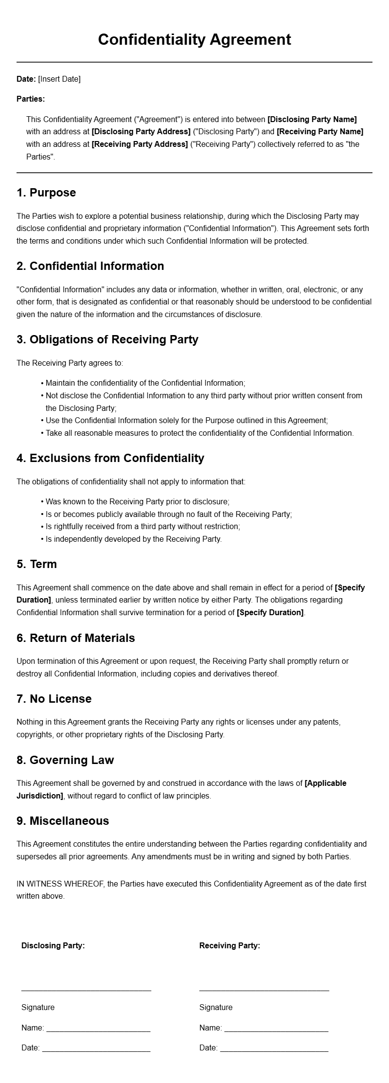 Confidentiality Agreement Letter Templates for Your Business Needs