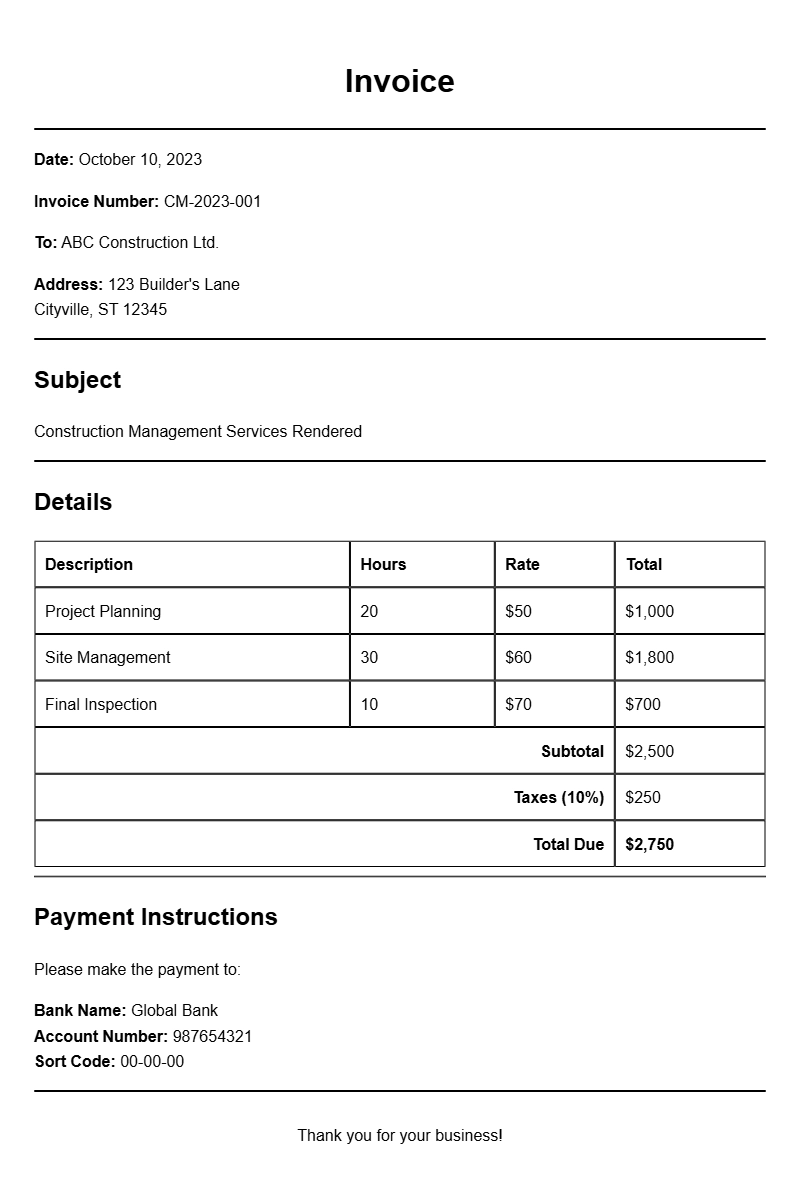 Construction Manager Invoice Samples for Your Business Needs
