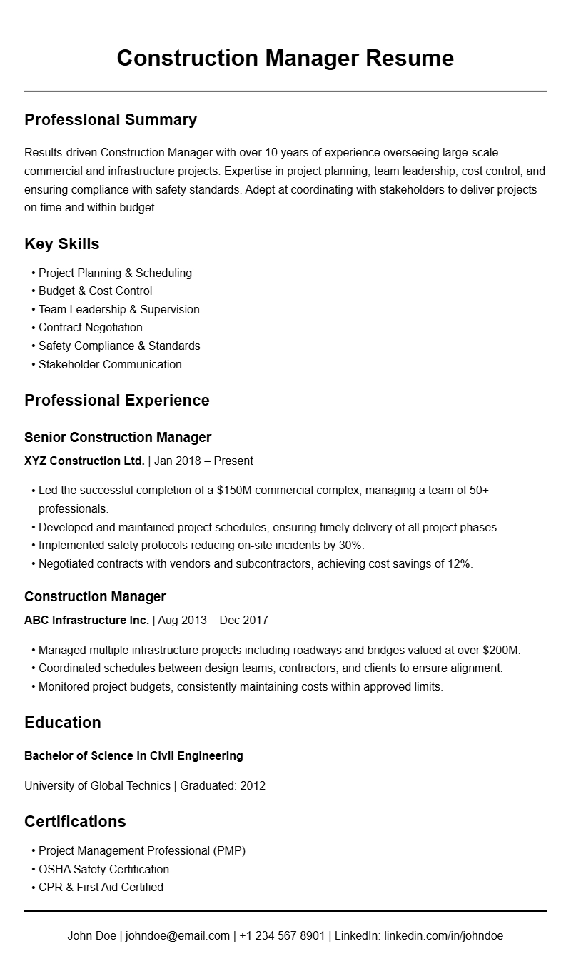 Construction Manager Resume Samples to Impress Employers