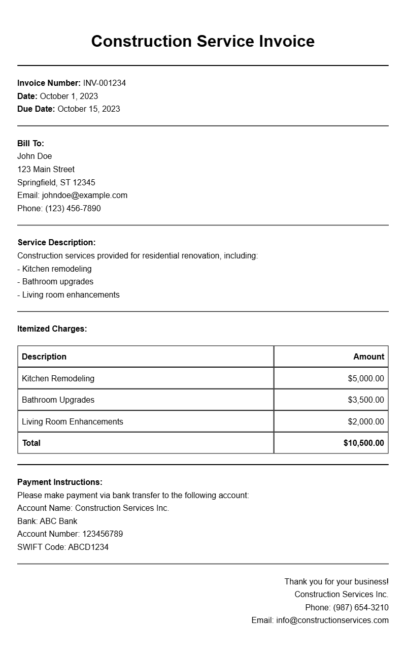 Construction Service Invoice Samples for Your Business