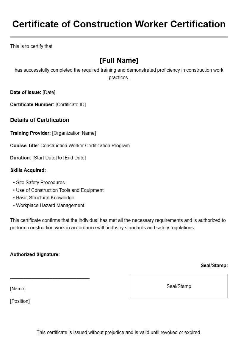 Construction Worker Certificate Samples for Certification Success