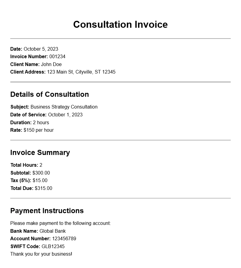 Consultation Invoice Templates for Professional Services