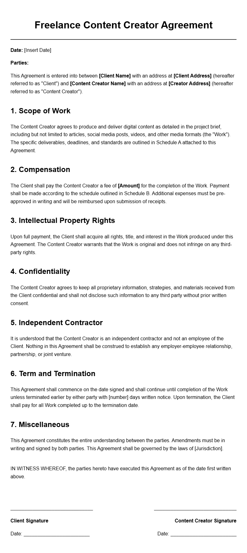 Freelance Content Creator Agreement Templates