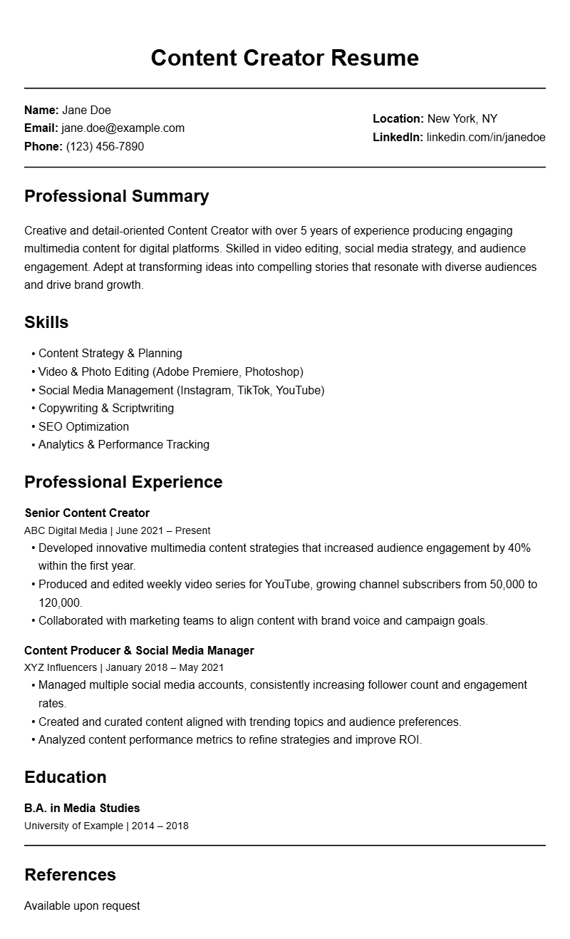 Content Creator Resume Samples for a Standout Application