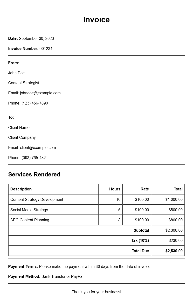 Content Strategist Invoice Templates for Your Business Needs