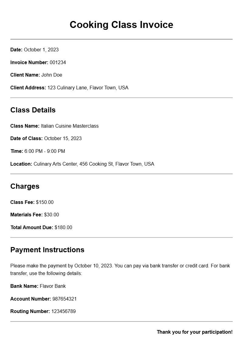 Cooking Class Invoice Samples for Easy Billing