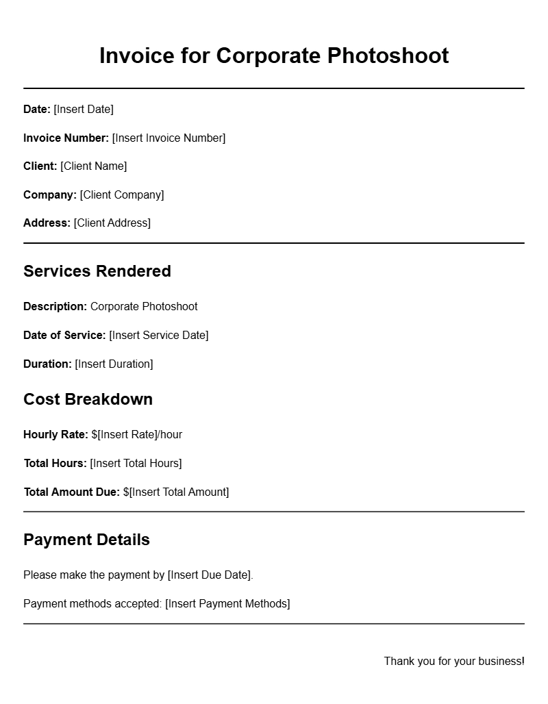 Corporate Photoshoot Invoice Templates for Your Business Needs