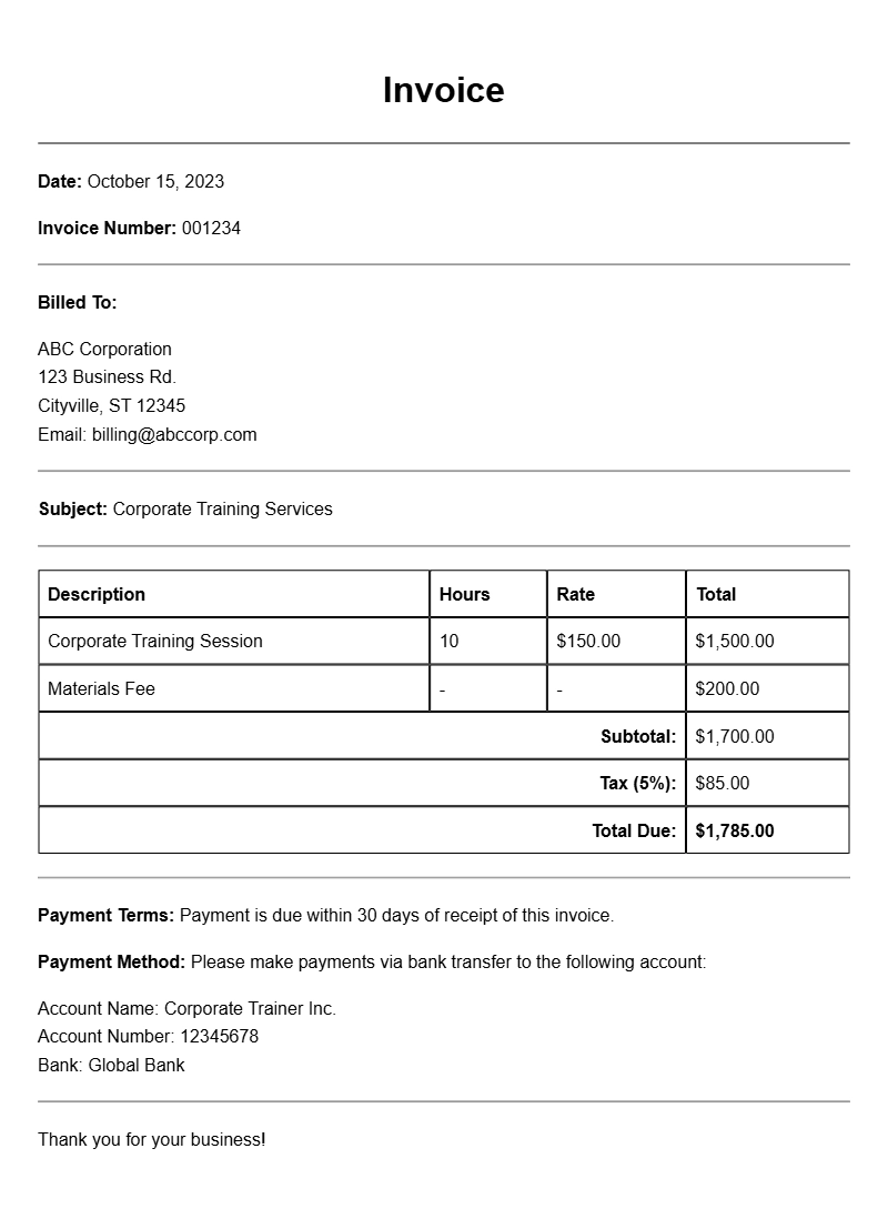 Corporate Trainer Invoice Samples for Effective Billing