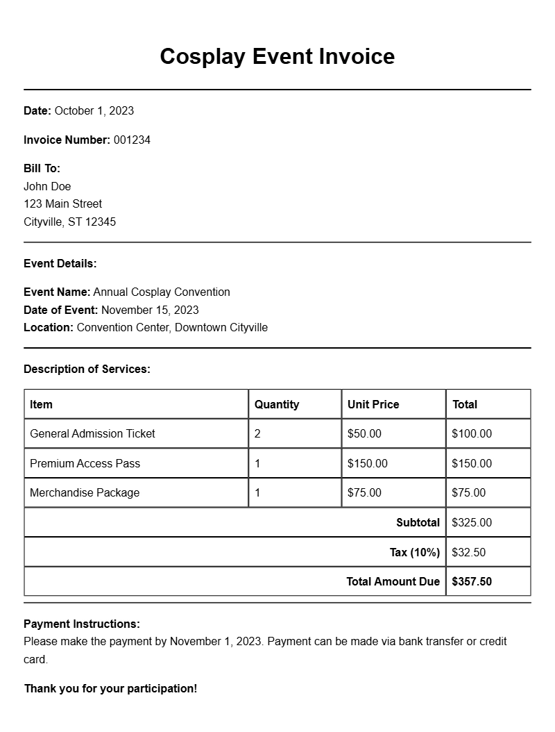 Cosplay Event Invoice Templates for Easy Billing